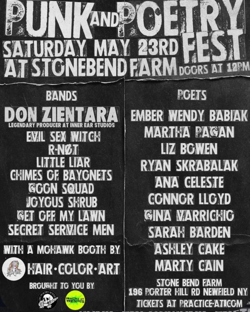 White Text on black reads: Punk and Poetry Fest, Saturday May 23rd,and bellow lists bands and poets